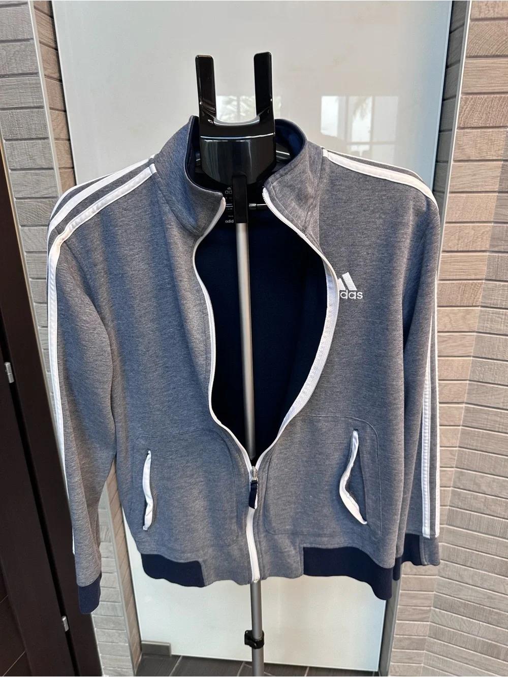 adidas Men’s Gray Zip-Up Track Jacket with White Stripes